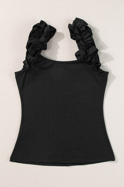 Ruffled Black Sleeveless Tank Top with Wide Straps