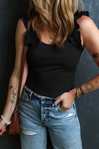 Ruffled Black Sleeveless Tank Top with Wide Straps