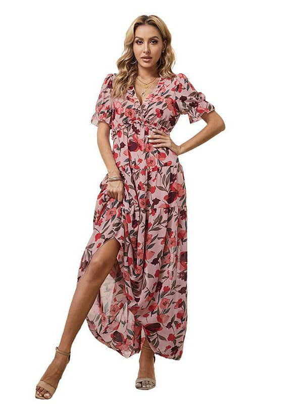 Ruffled Floral Print V-Neck Long Dress with Puff Sleeves
