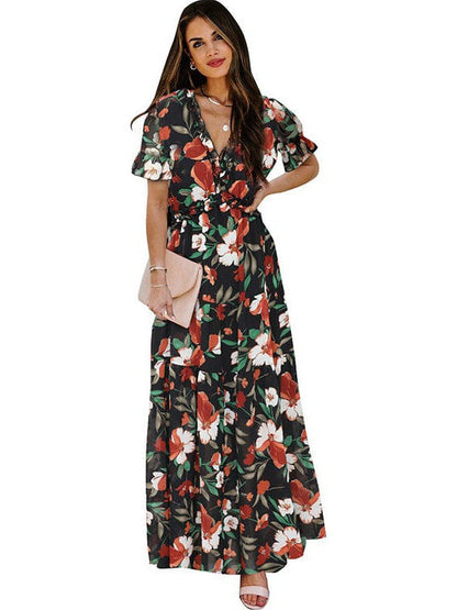 Ruffled Floral Print V-Neck Long Dress with Puff Sleeves