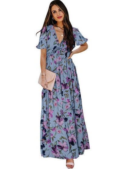 Ruffled Floral Print V-Neck Long Dress with Puff Sleeves