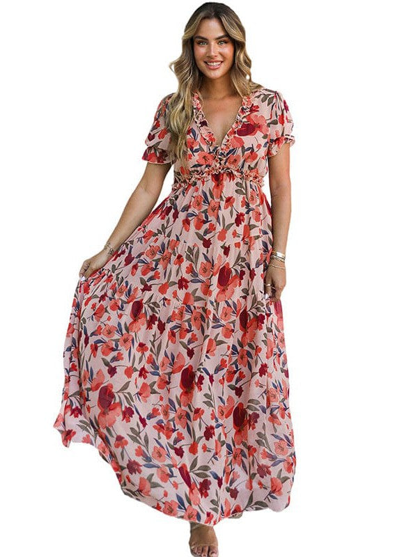 Ruffled Floral Print V-Neck Long Dress with Puff Sleeves