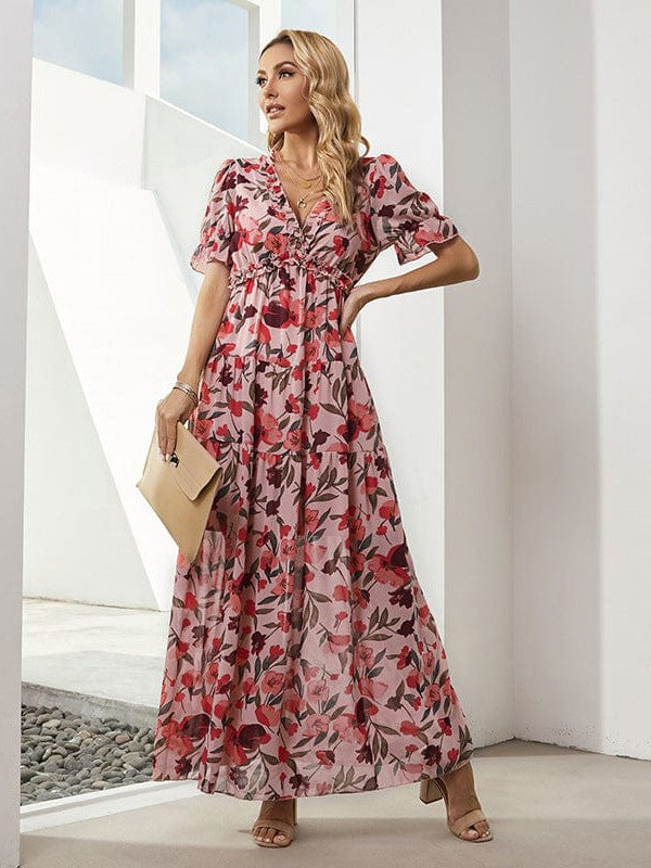 Ruffled Floral Print V-Neck Long Dress with Puff Sleeves