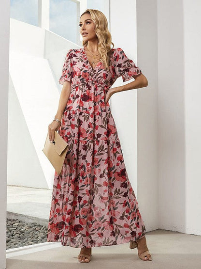 Ruffled Floral Print V-Neck Long Dress with Puff Sleeves