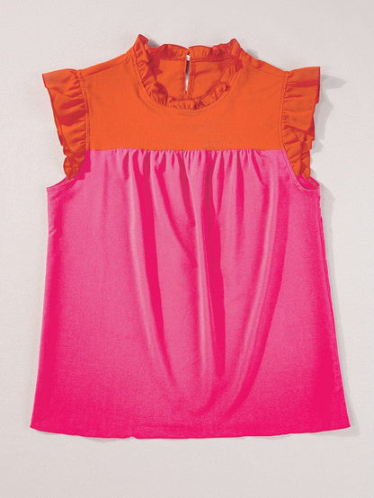 Ruffled Flutter Sleeve Orange Patchwork Blouse