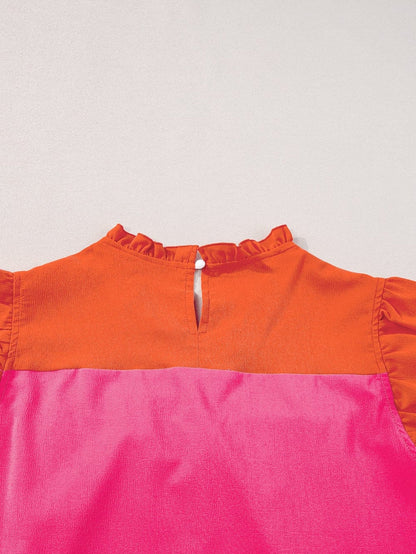 Ruffled Flutter Sleeve Orange Patchwork Blouse