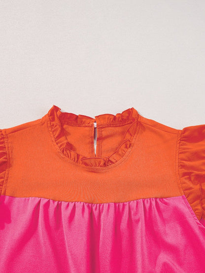 Ruffled Flutter Sleeve Orange Patchwork Blouse