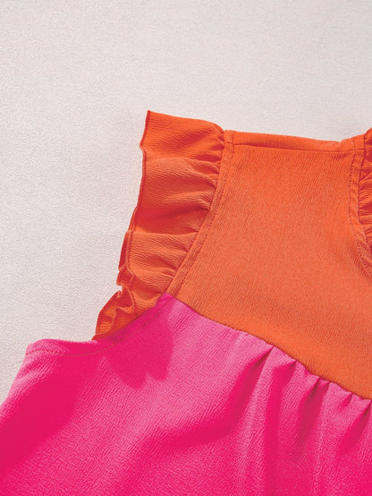 Ruffled Flutter Sleeve Orange Patchwork Blouse