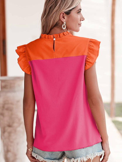 Ruffled Flutter Sleeve Orange Patchwork Blouse
