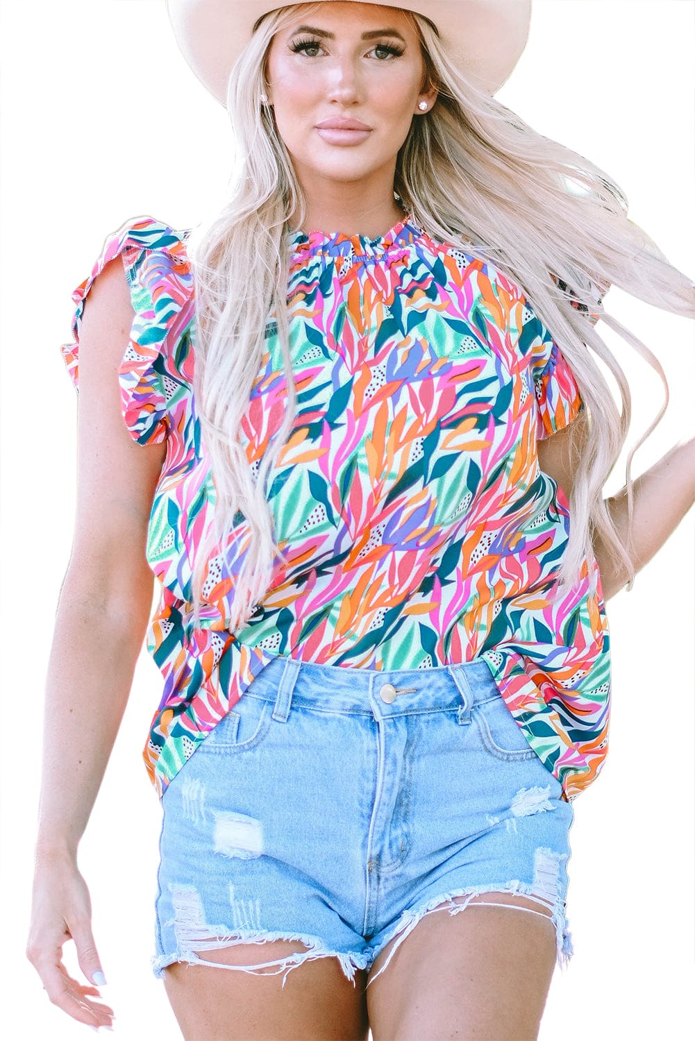 Ruffled Flutter Sleeve Rose Red Floral Print Blouse