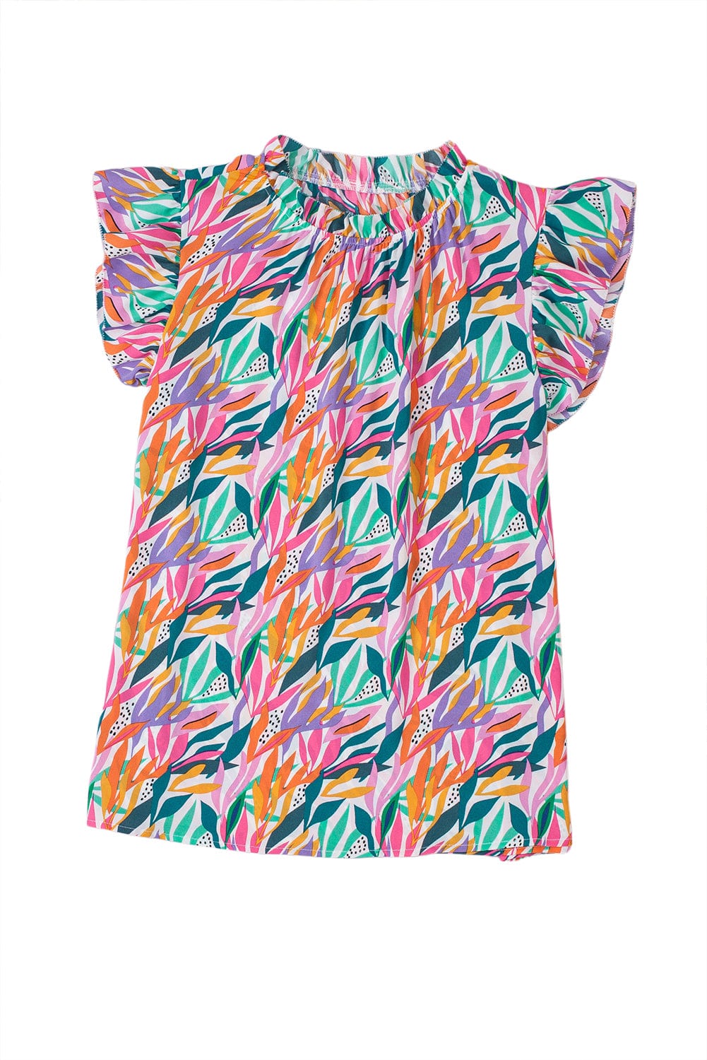 Ruffled Flutter Sleeve Rose Red Floral Print Blouse