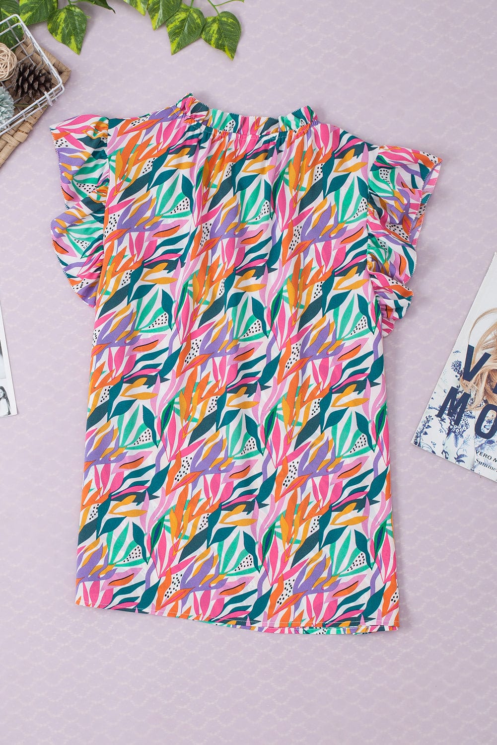 Ruffled Flutter Sleeve Rose Red Floral Print Blouse