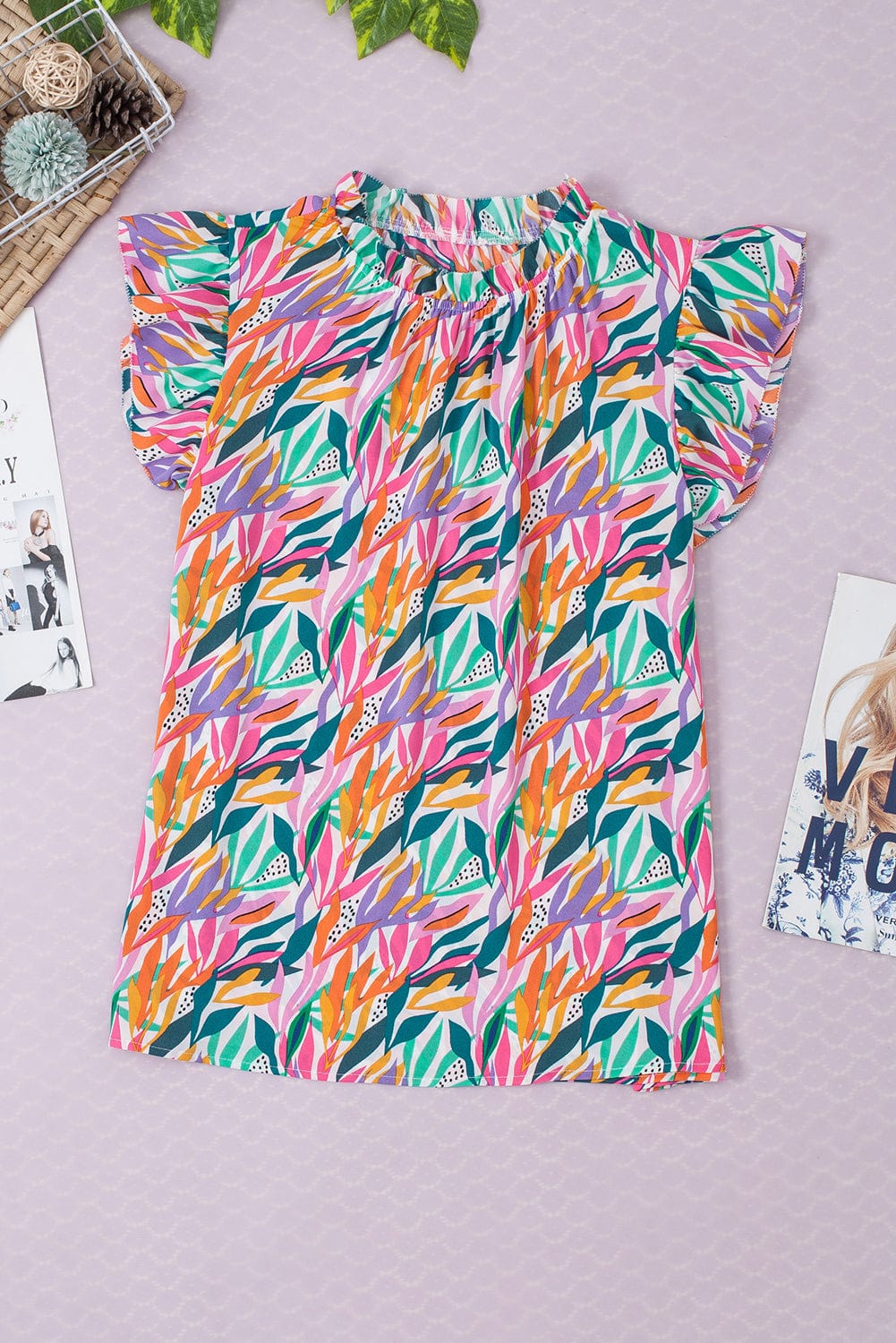 Ruffled Flutter Sleeve Rose Red Floral Print Blouse