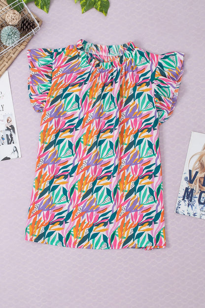 Ruffled Flutter Sleeve Rose Red Floral Print Blouse