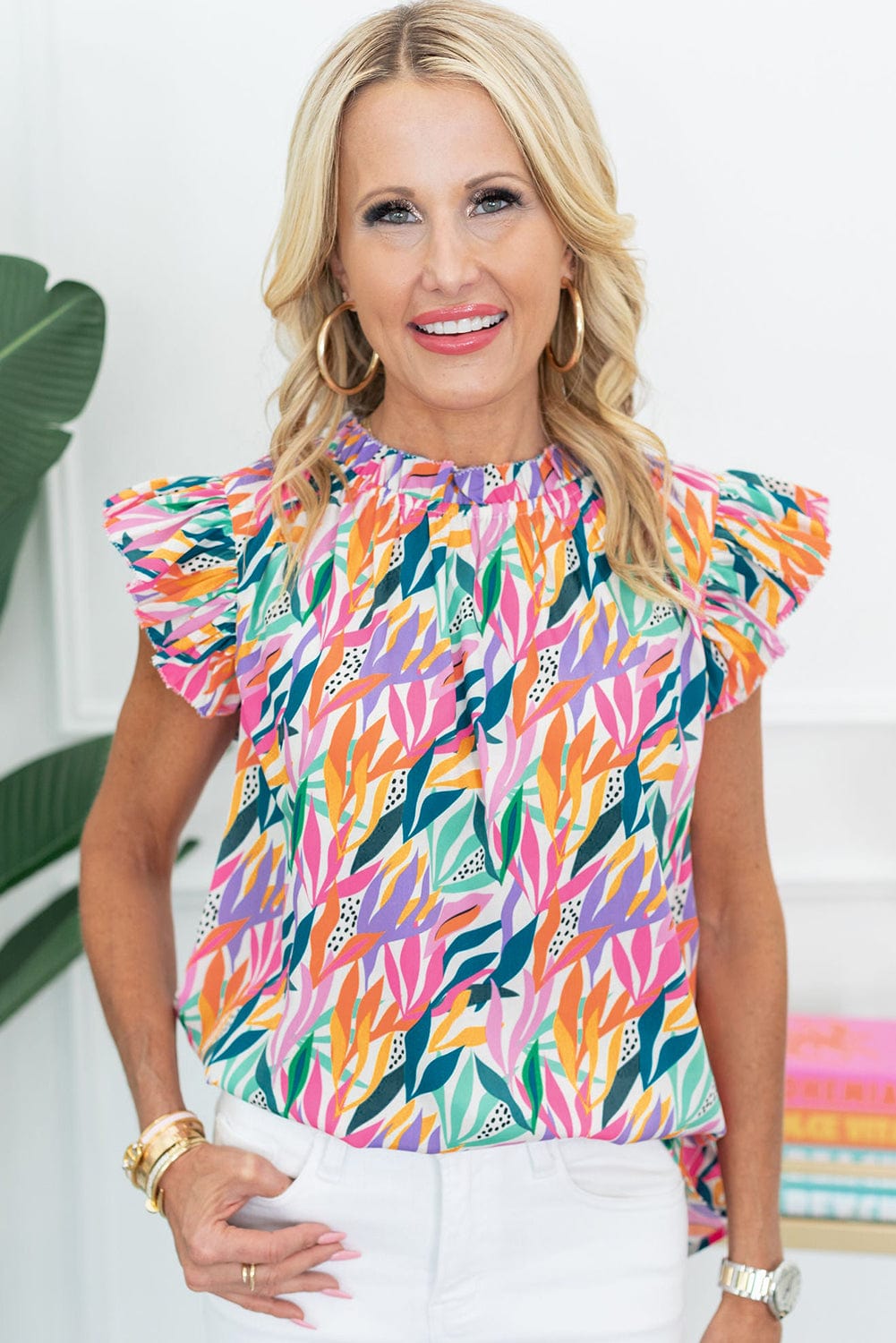 Ruffled Flutter Sleeve Rose Red Floral Print Blouse