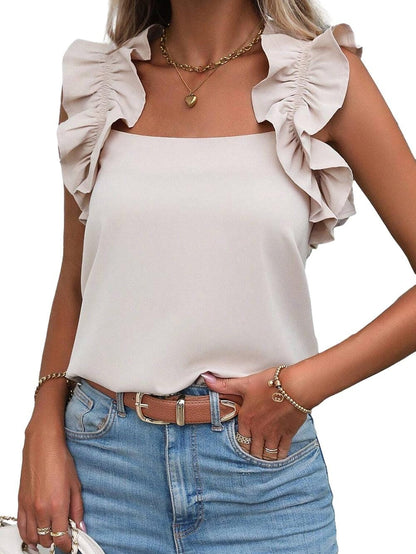 Ruffled Oatmeal Sleeveless Top with Elegant Square Neck