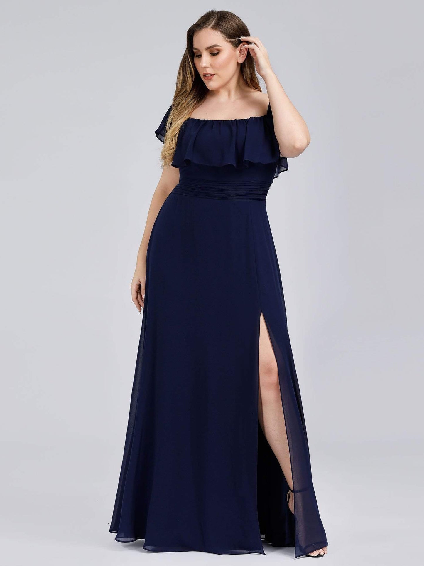 Ruffled Off-the-Shoulder Bridesmaid Dress with Thigh-High Split