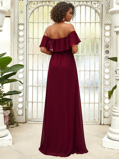Ruffled Off-the-Shoulder Bridesmaid Dress with Thigh-High Split