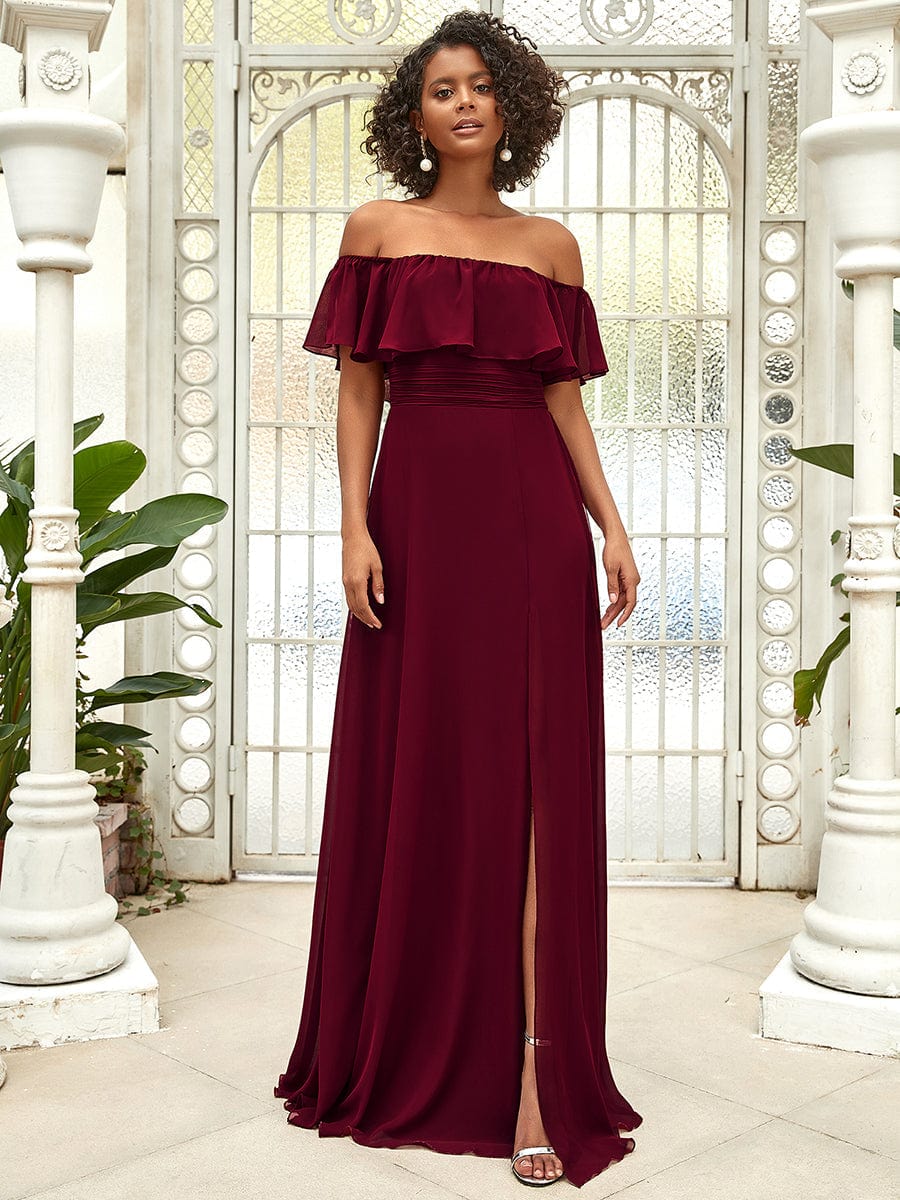 Ruffled Off-the-Shoulder Bridesmaid Dress with Thigh-High Split
