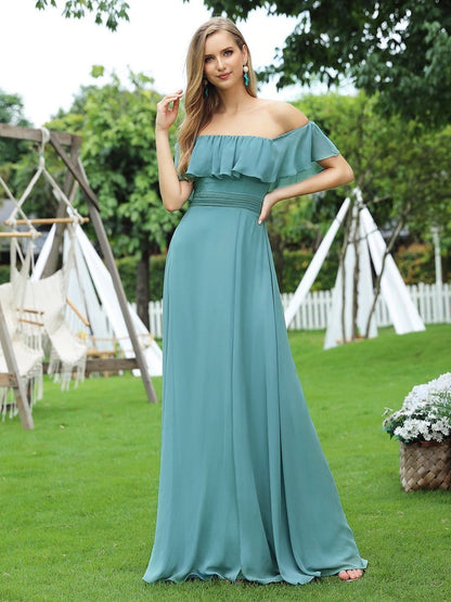 Ruffled Off-the-Shoulder Bridesmaid Dress with Thigh-High Split