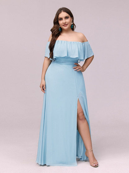 Ruffled Off-the-Shoulder Bridesmaid Dress with Thigh-High Split