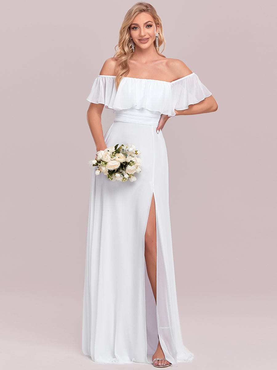 Ruffled Off-the-Shoulder Bridesmaid Dress with Thigh-High Split