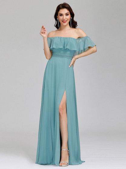 Ruffled Off-the-Shoulder Bridesmaid Dress with Thigh-High Split