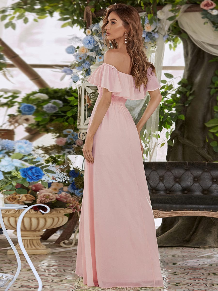 Ruffled Off-the-Shoulder Bridesmaid Dress with Thigh-High Split