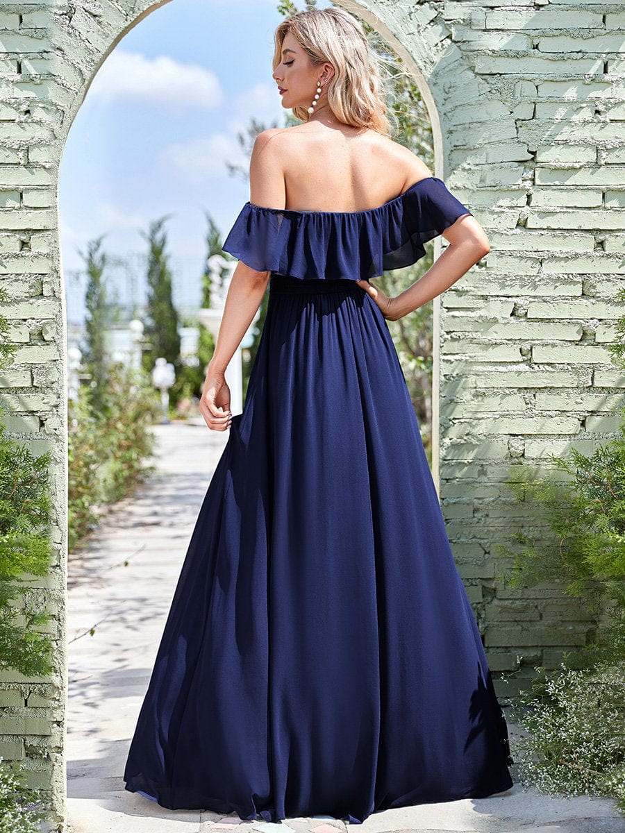 Ruffled Off-the-Shoulder Bridesmaid Dress with Thigh-High Split
