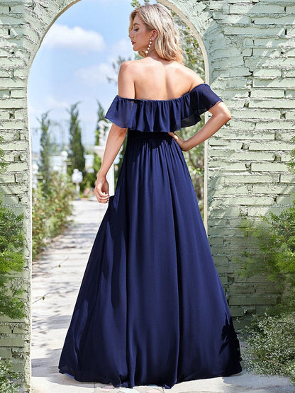 Ruffled Off-the-Shoulder Bridesmaid Dress with Thigh-High Split