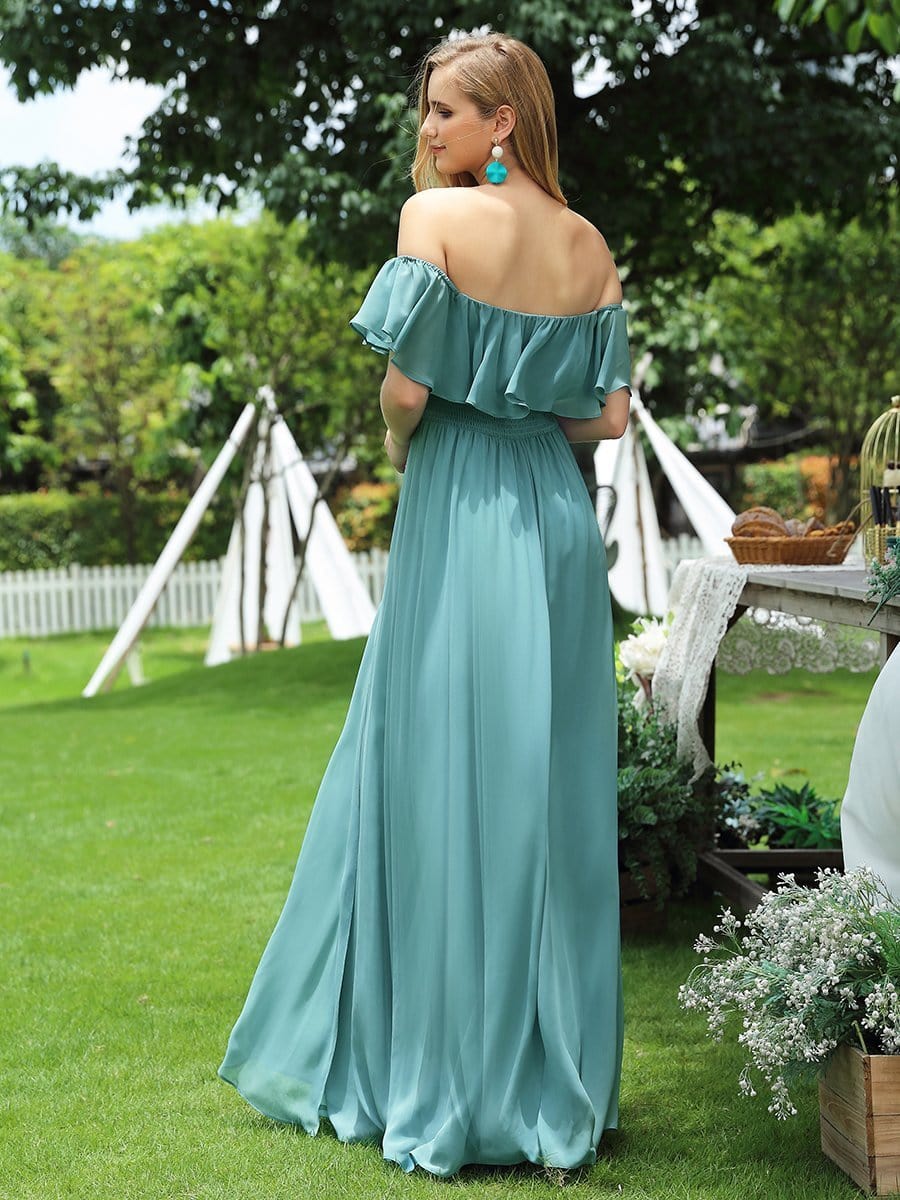Ruffled Off-the-Shoulder Bridesmaid Dress with Thigh-High Split