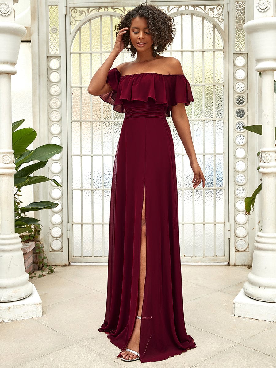 Ruffled Off-the-Shoulder Bridesmaid Dress with Thigh-High Split
