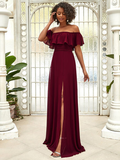 Ruffled Off-the-Shoulder Bridesmaid Dress with Thigh-High Split