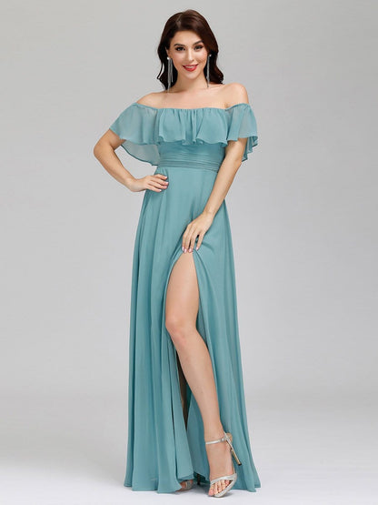 Ruffled Off-the-Shoulder Bridesmaid Dress with Thigh-High Split