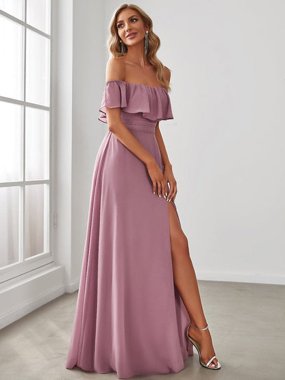 Ruffled Off-the-Shoulder Bridesmaid Dress with Thigh-High Split