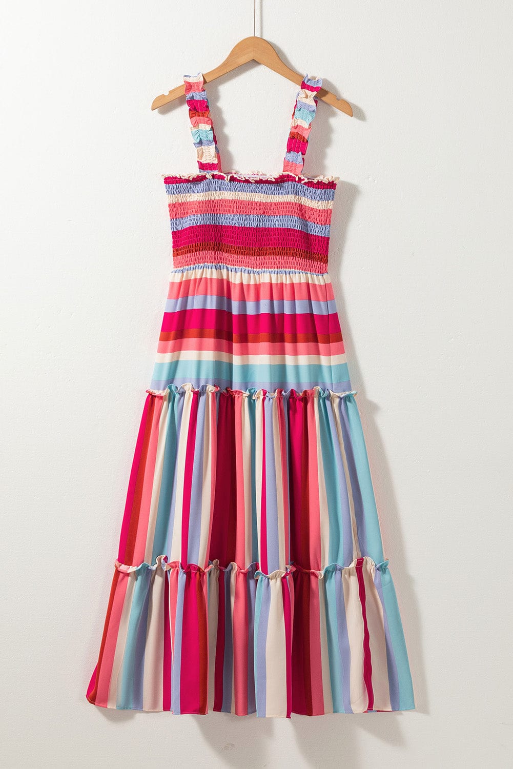 Ruffled Red Striped Maxi Dress with Smocked Bodice