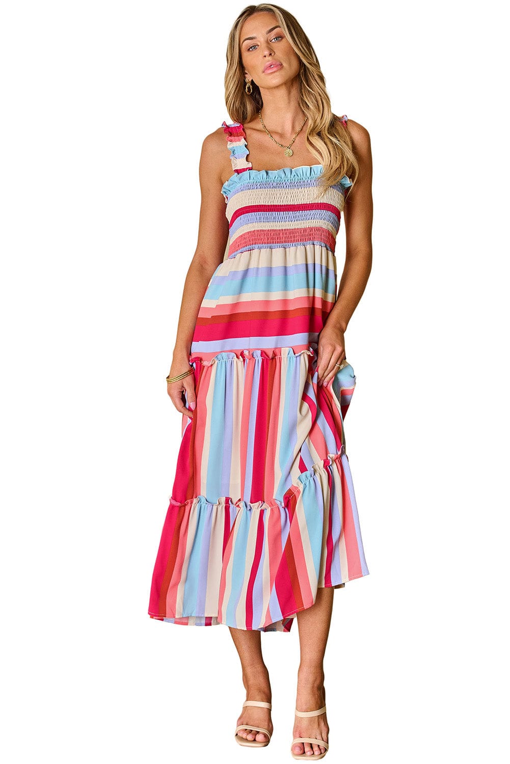 Ruffled Red Striped Maxi Dress with Smocked Bodice