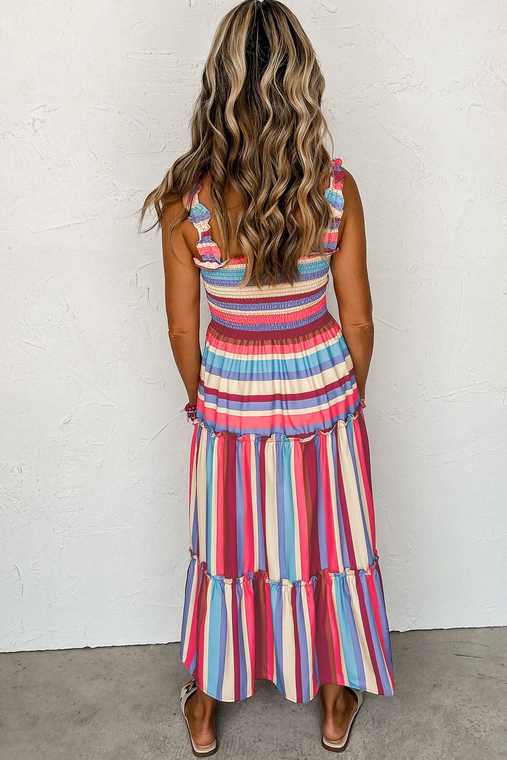 Ruffled Red Striped Maxi Dress with Smocked Bodice