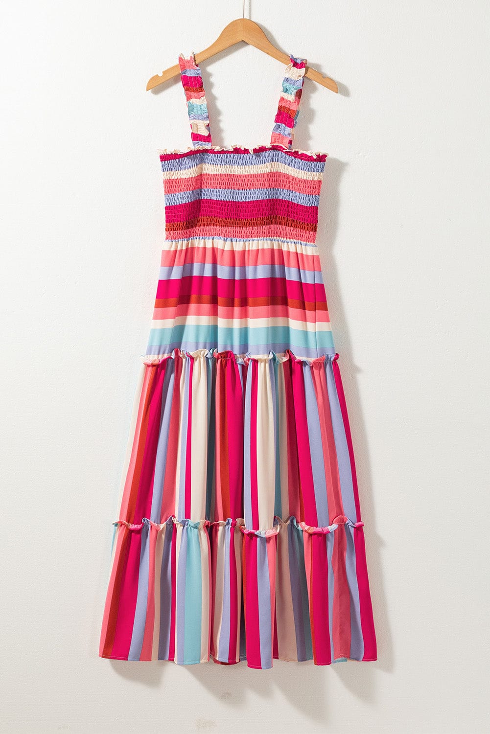 Ruffled Red Striped Maxi Dress with Smocked Bodice