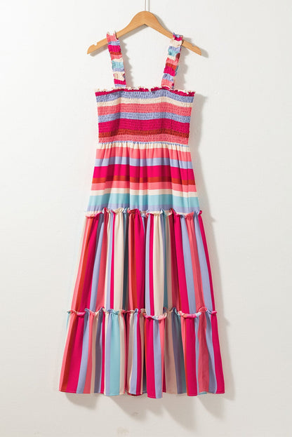 Ruffled Red Striped Maxi Dress with Smocked Bodice