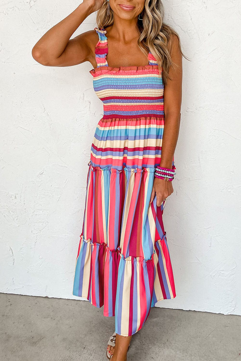 Ruffled Red Striped Maxi Dress with Smocked Bodice