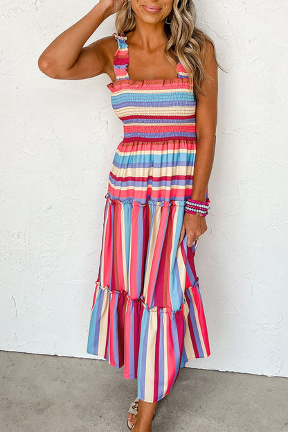 Ruffled Red Striped Maxi Dress with Smocked Bodice