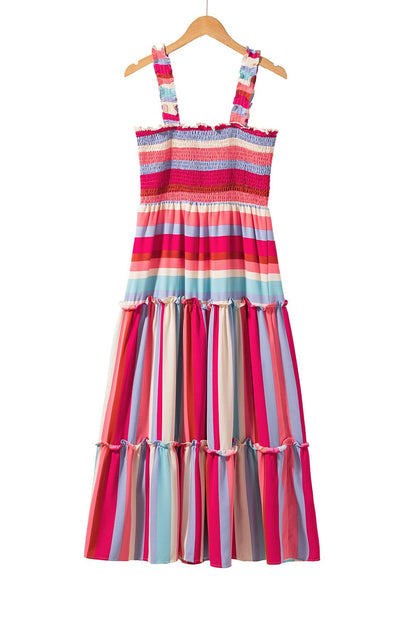 Ruffled Red Striped Maxi Dress with Smocked Bodice