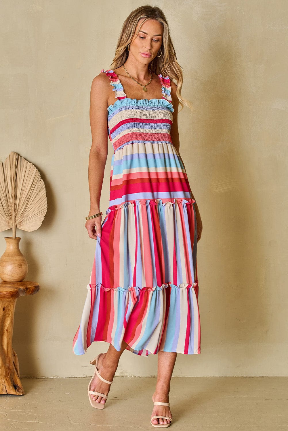Ruffled Red Striped Maxi Dress with Smocked Bodice