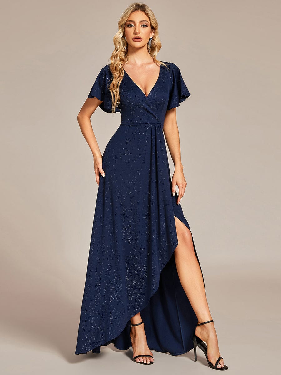 Ruffled Sleeve Tea Length Evening Dress with Side Split