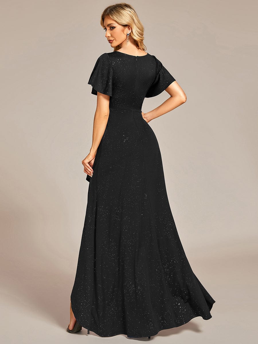 Ruffled Sleeve Tea Length Evening Dress with Side Split