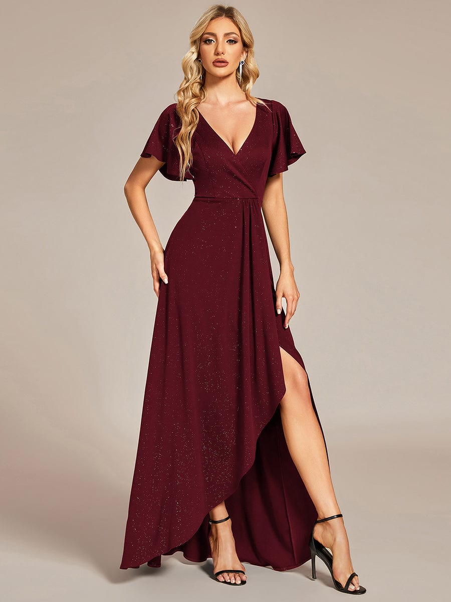 Ruffled Sleeve Tea Length Evening Dress with Side Split