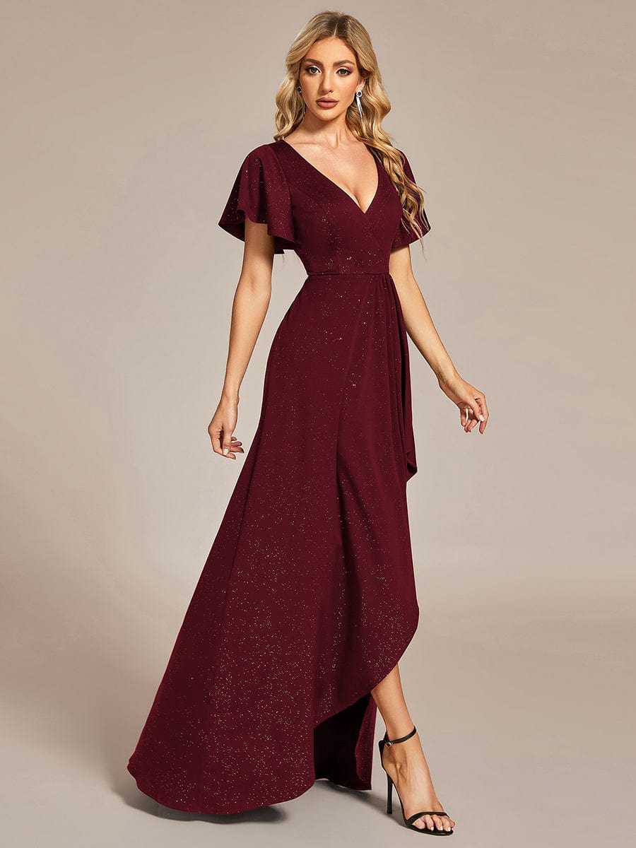 Ruffled Sleeve Tea Length Evening Dress with Side Split