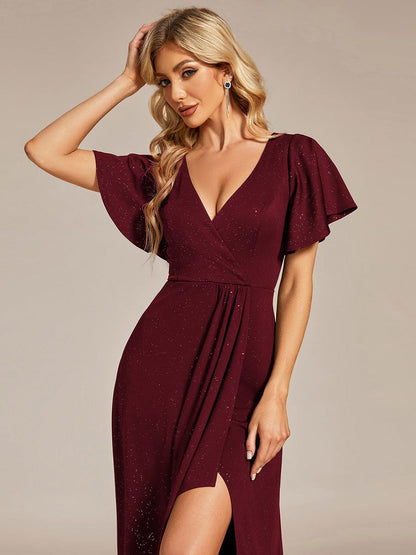 Ruffled Sleeve Tea Length Evening Dress with Side Split