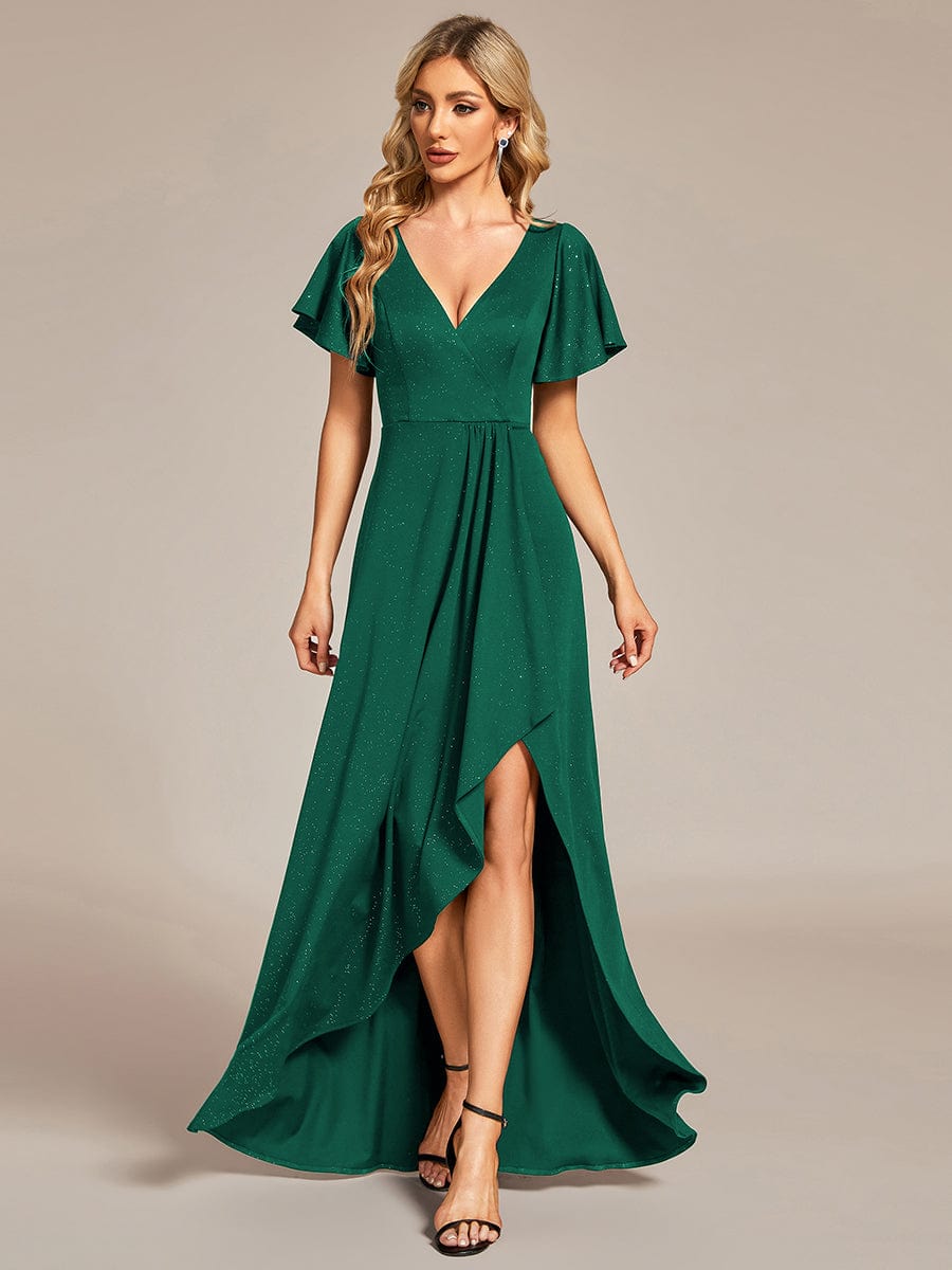Ruffled Sleeve Tea Length Evening Dress with Side Split